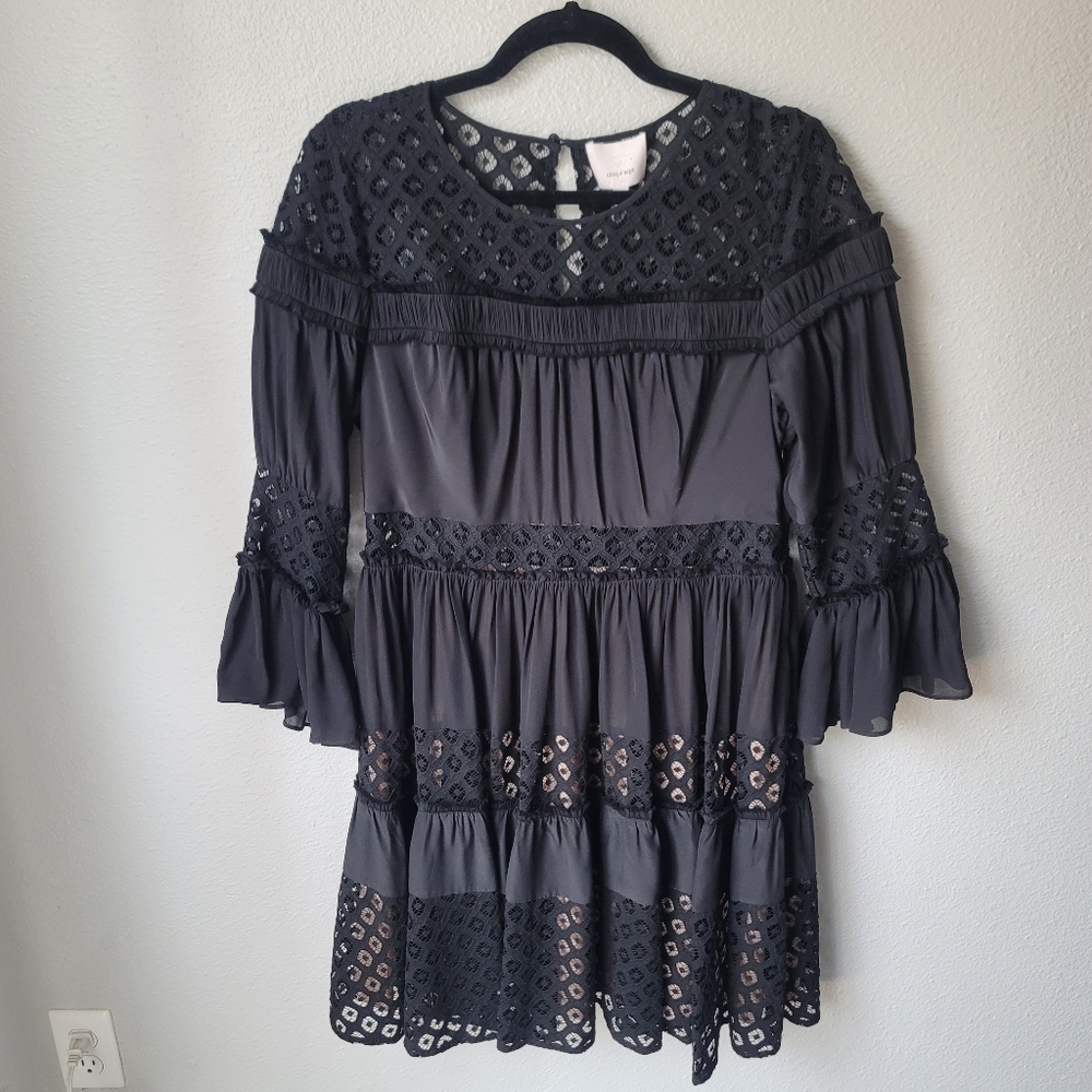 Cinq a Sept Octavia Eyelet Silk Trim Dress Size 12 Color Black NWT